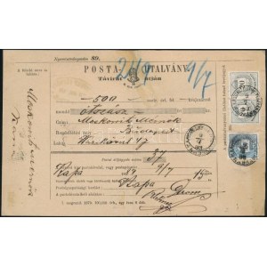 1883 Távirati postautalvány 10kr + 2 x 20kr bérmentesítéssel a feladható legnagyobb összegről, 500 Ft-ról ...