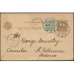 1898 2kr millenniumi díjjegyes levelezőlap 3kr díjkiegészítéssel Kanadába küldve / Millenium of Hungary 2kr PS...
