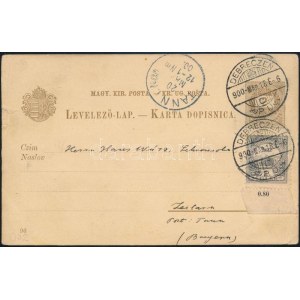1900 Turul 1f bélyeggel kiegészített 2kr díjjegyes millenium képeslap Debrecenből Bajorországba / Millenium PS...