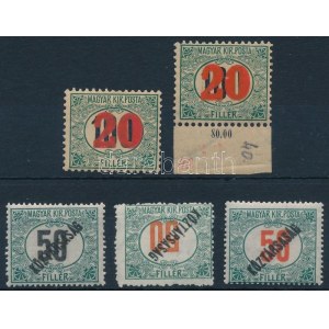 1915-1919 5 db portó bélyeg, közte Köztársaság 50f fordított értékjelzéssel és felülnyomással (30.000++) ...