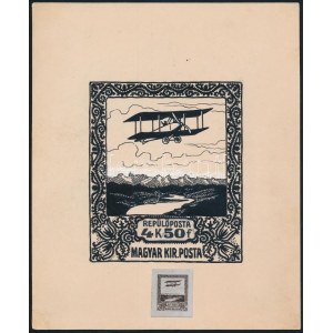 1918 Repülő posta: a világ első menetrendszerű nemzetközi légi járat bélyegének kartonpapírra készült tervezete...