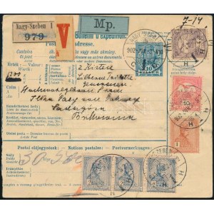 1902 Csomagszállító levél 30,5 kg-os csomagról Turul 4f + 10f + 1K + 3 x 2K bérmentesítéssel / Parcel card with 7...