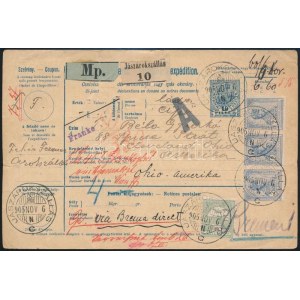 1905 Csomagszállító Jászárokszállásról az Egyesült Államokba 6,60K bérmentesítéssel, rajta 1904-es Turul 2K hármascsík...