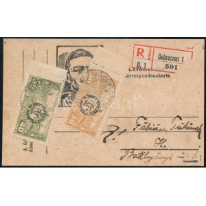 1919 Ajánlott helyi levelezőlap 3 db Debrecen II. bélyeggel, cenzúrázva / Registered local postcard. Signed...
