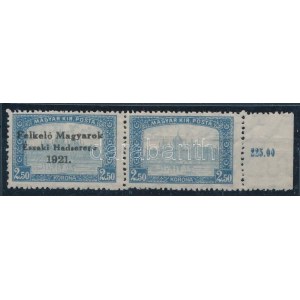 Nyugat-Magyarország V. 1921 Parlament 2,50K ívszéli pár, a jobb oldali bélyeg felülnyomat nélkül...