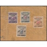 1921 Boríték 4 db Nyugat-Magyarország II. halálfejes bélyeggel bérmentesítve, a 20f hármaslyukasztással (ex Király) ...