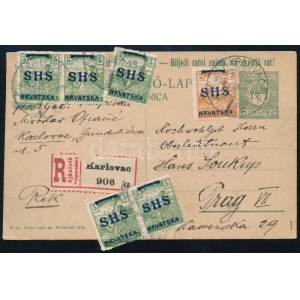 1919 Ajánlott díjjegyes levelezőlap 6 bélyeges kiegészítéssel / Registered PS-card with additional franking. Signed...