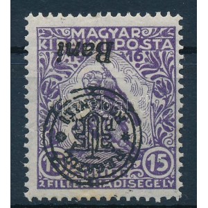 1919 Hadisegély 15f fordított felülnyomással / with inverted overprint. Signed: Bodor