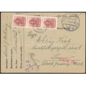 1942 Cenzúrás szlovák tábori posta levelezőlap Losoncra küldve, 3 x 16f portóval ...