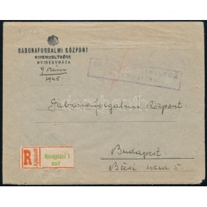 1945 Nyíregyháza I. 40f hármascsík ajánlott levélen Budapestre, előoldalon orosz cenzúrával ...