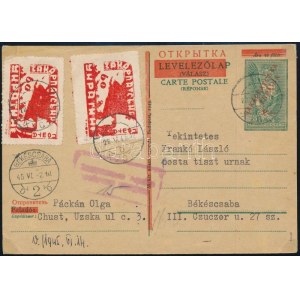 Kárpát-Ukrajna 1945 Felülnyomott 18f díjjegyes levelezőlap 2 x 60f kiegészítéssel Husztról Békéscsabára ...