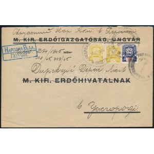 Kárpát-Ukrajna 1945 3 db bélyeg levélen Perecsenyről Ungvárra / cover franked with 3 stamps