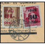 1945 (2. díjszabás) Nyomtatvány Kisegítő 30f/30f + 10f/4f bélyeggel, utóbbi fordított felülnyomással...