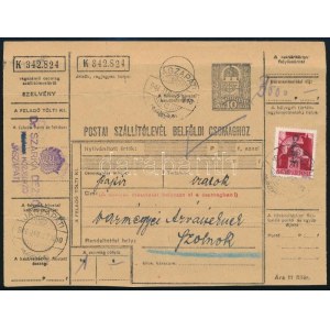 1946 (6. díjszabás) Cs.5-I./30f bélyeg teljes csomagszállítón / Mi 860 on parcel card