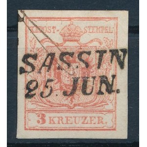 1850 3kr MP IIIb világos piros / light red SASSIN Certificate: Babor (Gudlin 250 p)