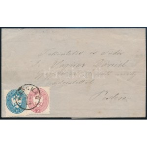 1863 5kr + 10kr lépcsőzetesen ragasztva levélen / on cover KASCHAU - Pest