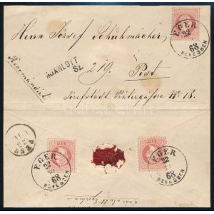 1868 3 x 5kr (kettő bélyeg a hátoldalon) levélen / on cover EGER / HEVESBEN - Pest