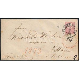1873 5kr díjjegyes boríték 10kr díjkiegészítéssel ajánlott küldeményként Németországba / 5kr registered PS...