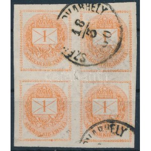 1874 Hírlapbélyeg négyestömb vésésjavítással / Newspaper stamp block of 4 with retouche SZÉ(KELYUD)VARHELY (ex Lovász...