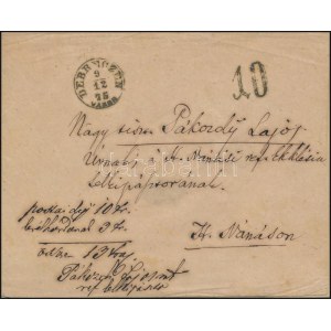 1875 Levél 10 számbélyegzős portóelőjegyzéssel (10kr a postai díj + 3kr a levélhordónak?) / Cover with postage due ...