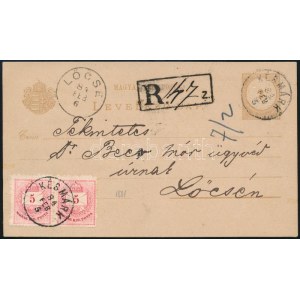 1884 Ajánlott 2kr díjjegyes levelezőlap 2 x 5kr díjkiegészítéssel / Registered PS-card with 2 x 5kr addtional franking ...