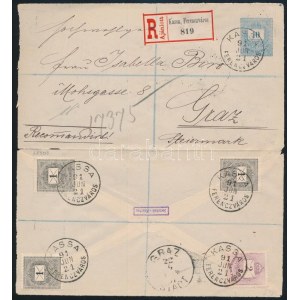 1891.jun.21. 10kr díjjegyes ajánlott boríték 3 x 1kr + 2kr díjkiegészítéssel. Kiállítási ritkaság, RRR! ...