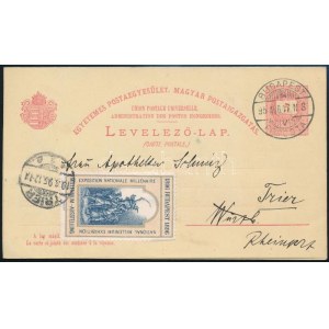 1895 5kr díjjegyes válaszos levelezőlap, Millenniumi levélrázóval Budapestről Triesztbe / 5kr PS...