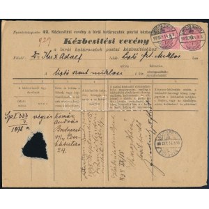 1898 Kézbesítési vevény 2 x 5kr bérmentesítéssel / Delivery receipt with 2 x 5kr franking LIPTÓ-SZ-MIKLÓS...