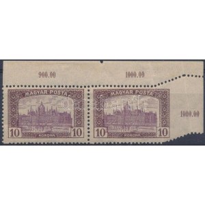 1919 Magyar Posta 10K ívsarki pár, jobb oldalon fogazatlan, érdekes elfogazással / Mi 260 corner pair...