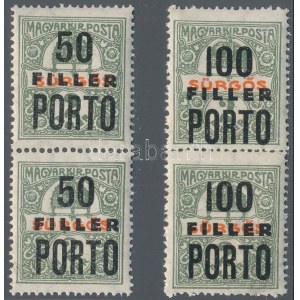 1918 2 db függőleges pár, a szakirodalomban ismeretlen szükségportó bélyeg 50f és 100f felülnyomással sürgős bélyegeken...