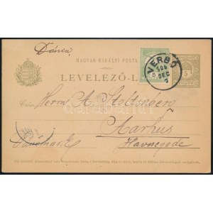 1906 5f díjjegyes levelezőlap 5f díjkiegészítéssel Dániába / PS...