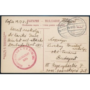1917 Tábori posta képeslap Szófiából magyar katonától német tábori postán Budapestre küldve ...