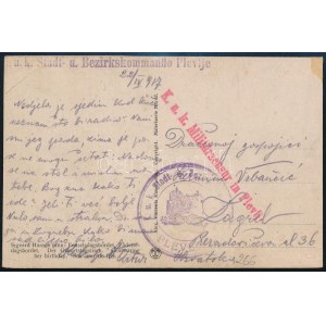 1917 Képeslap Montenegroból Zágrábba / Postcard from Montenegro K.u.k. Stadt- u. Bezirkskommando Plevlje + K.u.k...