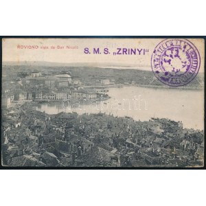 1911 Képeslap Rovignoból a ZRÍNYI hajóról, a képoldalon hajóbélyegzéssel, Budapestre / Postcard from Rovigno S.M.S...