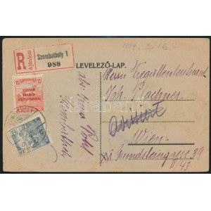 1919 Ajánlott levelezőlap 2 bélyeggel Bécsbe / Registered postcard to Vienna