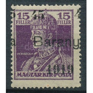 Baranya I. 1919 Károly 45f/15f próbanyomat elcsúszott felülnyomással. / Proof with shifted overprint. Signed...