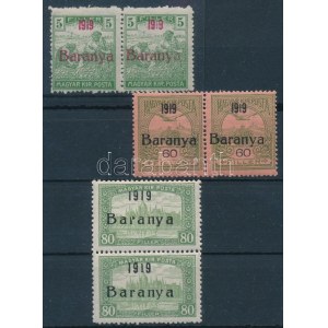 Baranya I. 1919 3 klf pár kicsi 1-es lemezhibával / 3 pairs with plate variety. Signed: Bodor