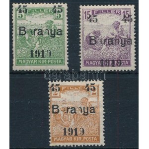 Baranya I. 1919 3 klf bélyeg a betű hiánnyal / 3 stamps with plate variety. Signed: Bodor