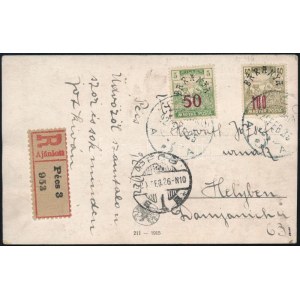 1920 Ajánlott Pécs helyi képeslap 2 db Baranya II. bélyeggel, hátoldalon átadó vevény / Local registered postcard...
