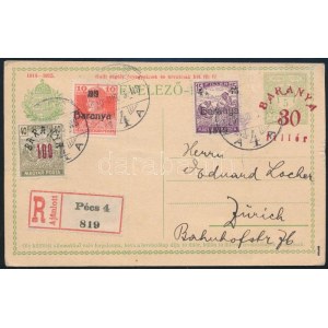 1920 Baranya 30f felülnyomású díjjegyes ajánlott levelezőlap vegyes díjkiegészítéssel Svájcba / Registered PS...