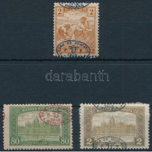 Debrecen I. 1919 3 klf bélyeg elcsúszott felülnyomással / 3 stamps with shifted overprint. Signed...