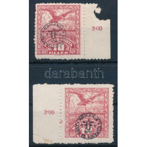 Debrecen II. 1920 2 db 10f fényes krétapapíron, mindkettő ívszéli, egyedi ritkaságként ívszéli összegzési számmal...