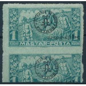 Debrecen II. 1920 Segélybélyeg 1K bélyeg és egy háromnegyed középen fogazatlan összefüggés, látványosan elfogazva...