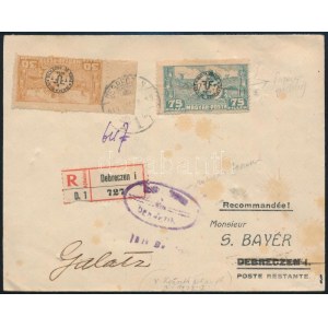 1919 Ajánlott levél 2 db Debrecen II. bélyeggel bérmentesítve, Galatzra, cenzúrázva / Censored registered cover. Signed...
