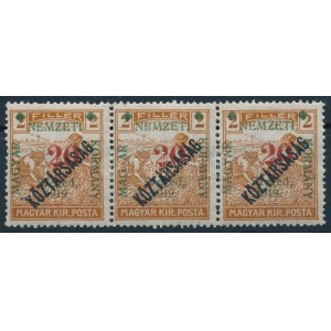 1919 Arató/Köztársaság 20f/2f hármascsík lemezhibával. Signed: Bodor
