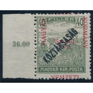1919 Arató/Köztársaság 40f elcsúszott felülnyomással / shifted overprint. Signed: Bodor