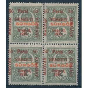 1919 Portó 50f négyestömb lemezhibával / block of 4 with plate variety. Signed: Bodor