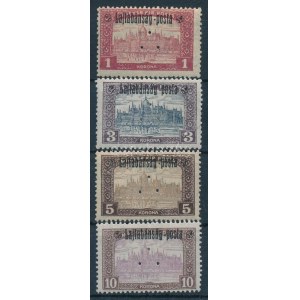 Nyugat-Magyarország III. 1921 4 klf Parlament bélyeg hármaslyukasztással / 4 stamps with 3 hole punching. Signed...