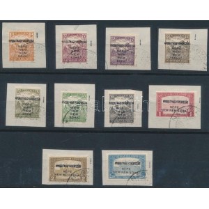 Nyugat-Magyarország IV. 1921 10 klf bélyeg kivágásokon, a 40f, 1K, 2K és 2,50K lemezhibákkal / 10 stamps on cuttings...