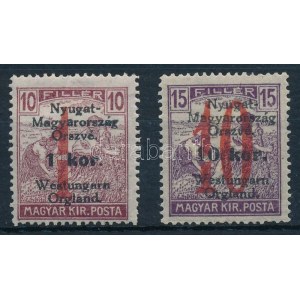 Nyugat-Magyarország VI. 1921 Arató 1K/10f + 10K/15f lemezhibával / plate variety. Signed: Bodor